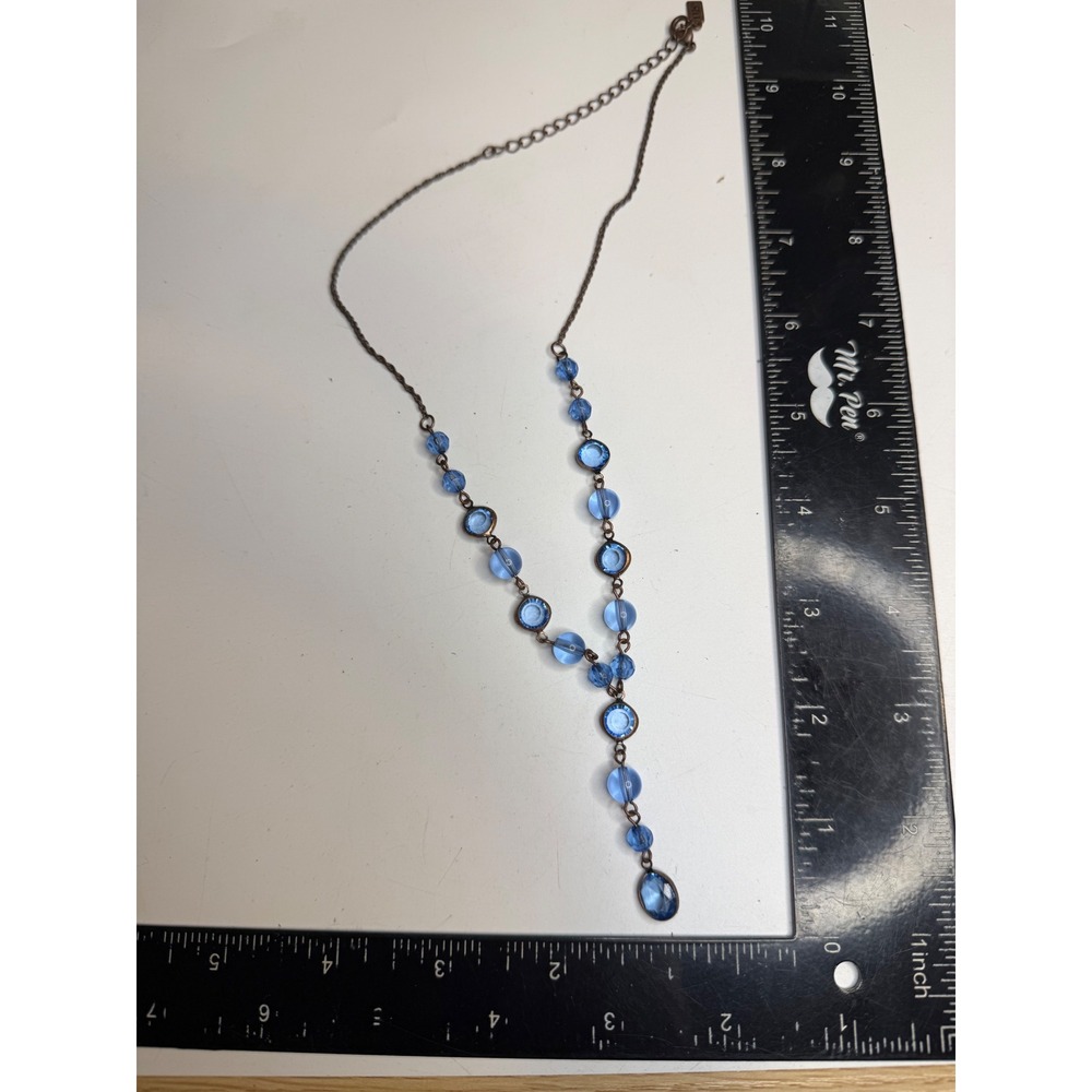 1928 Jewelry Blue Glass Bead Bezel Crystal Y-Necklace Antique Copper Tone 19in
